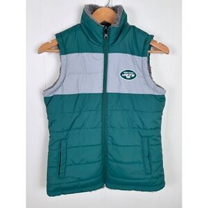 VTG Reversible NFL New York Jets Puffer Vest Fleece Lined Full Zip Green Gray XS